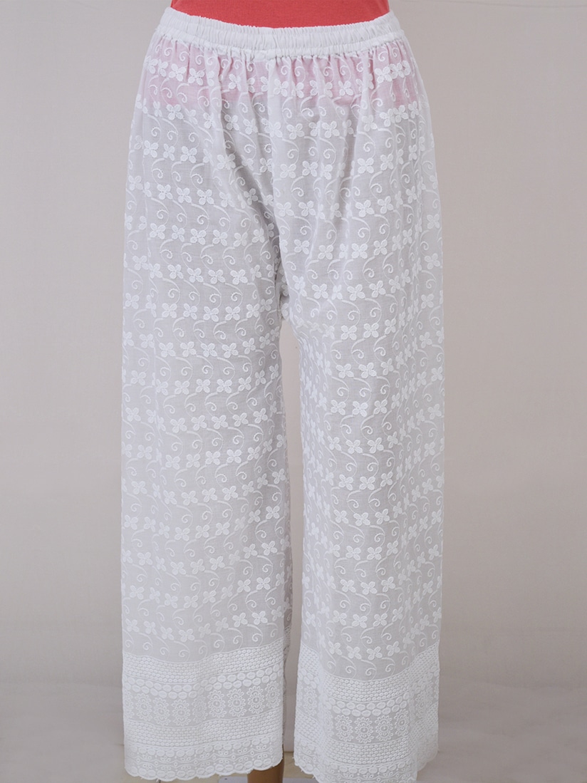 Buy Women White Lucknowi Chikankari Embroidered Cotton Flared Plazzo Online  at Kiko Clothing