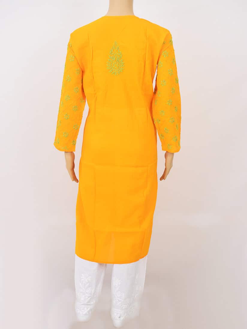 Buy Women Orange And Green Paisley Chikankari Hand Embroidery Cotton ...