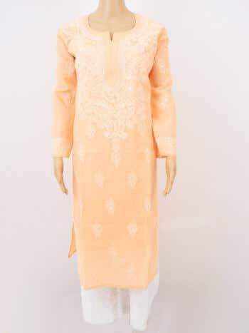 Orange & White Gala Boti Lucknowi Chikankari Casual Cotton Kurti - Full Front