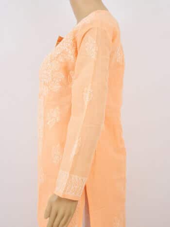 Women Orange And White Chikankaari Embroidery Cotton Kurta - Side Close