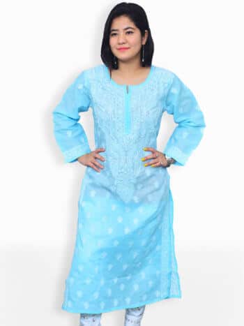 Sky Blue & White Gala Boti Lucknowi Chikankari Casual Cotton Kurti- Front