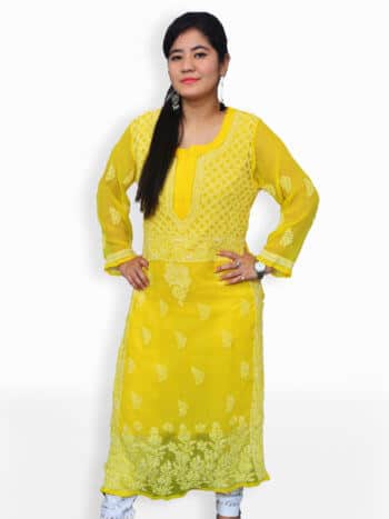 Buy Yellow & White Ghas Patti Lucknowi Chikankari Casual Cotton Kurti Online  at Kiko Clothing