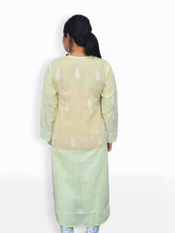 Women Light Yellow And White Chikankaari Embroidery Cotton Kurta - Back