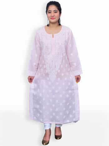 Baby Pink & White Gala Boti Lucknowi Chikankari Casual Cotton Kurti - Front
