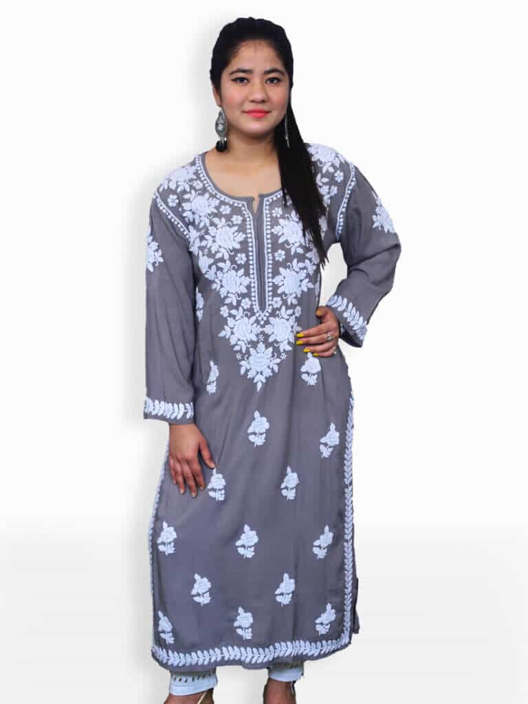 Buy Grey & White Modal Rose Lucknowi Chikankari Party Wear Rayon Kurti ...