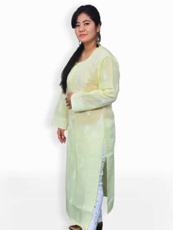 Lemon Yellow & White Gala Boti Lucknowi Chikankari Casual Cotton Kurti - Side