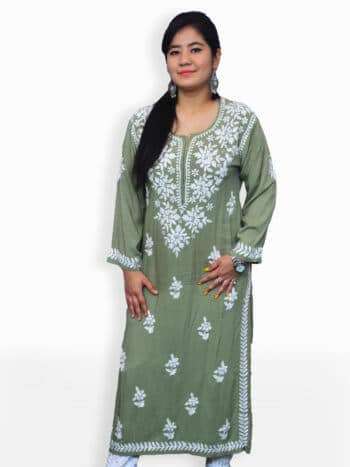 Olive Green & White Modal Rose Lucknowi Chikankari Party Wear Rayon Kurti - Front