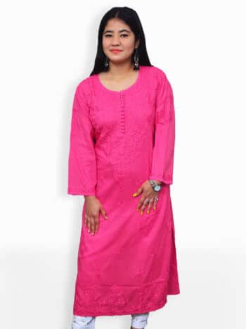 Deep Pink Rose Boti Lucknowi Chikankari Party Wear Cotton Kurti - Front