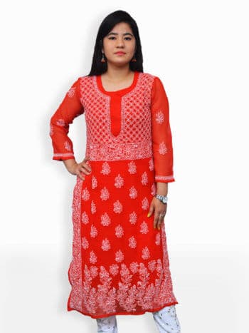 Red & White Gala Daman Lucknowi Chikankari Casual Georgette Kurti - Front