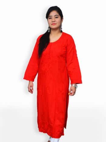 Red Rose Boti Lucknowi Chikankari Party Wear Cotton Kurti - Front