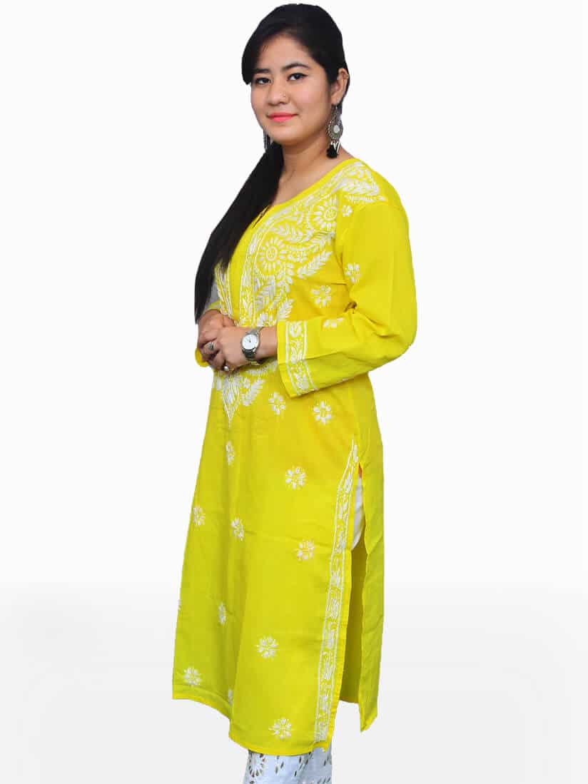 Buy Yellow & White Ghas Patti Lucknowi Chikankari Casual Cotton Kurti ...
