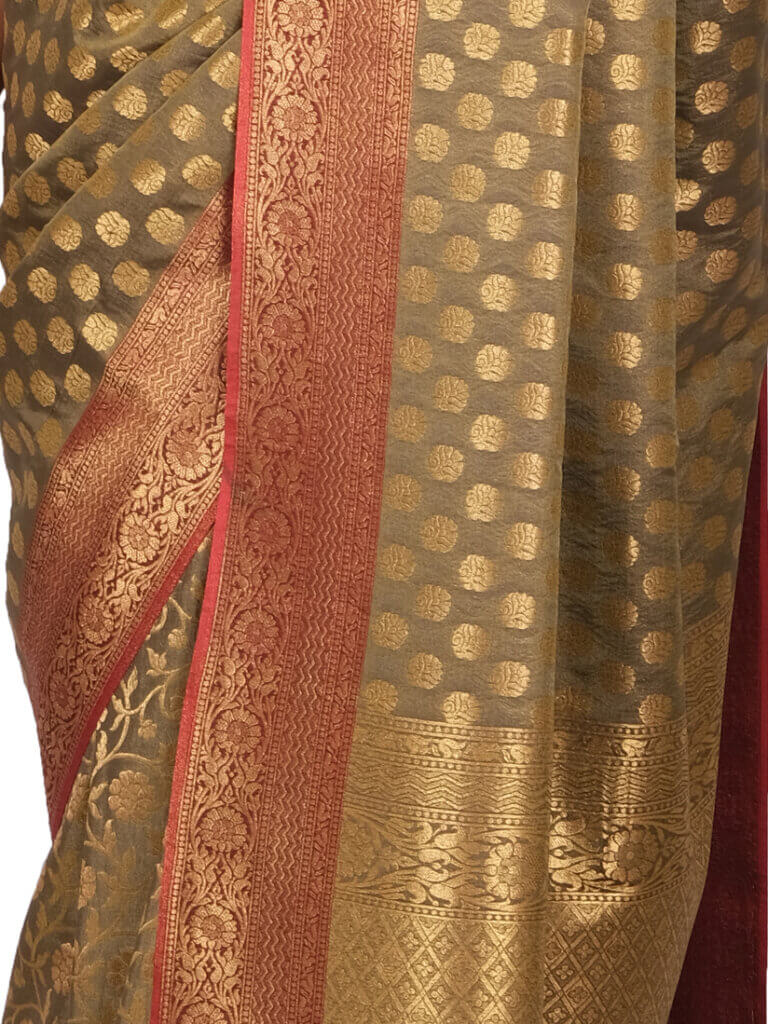 Tussar Golden Motifs Zari Banarsee Party Wear Semi Silk Saree - Close Up Pose